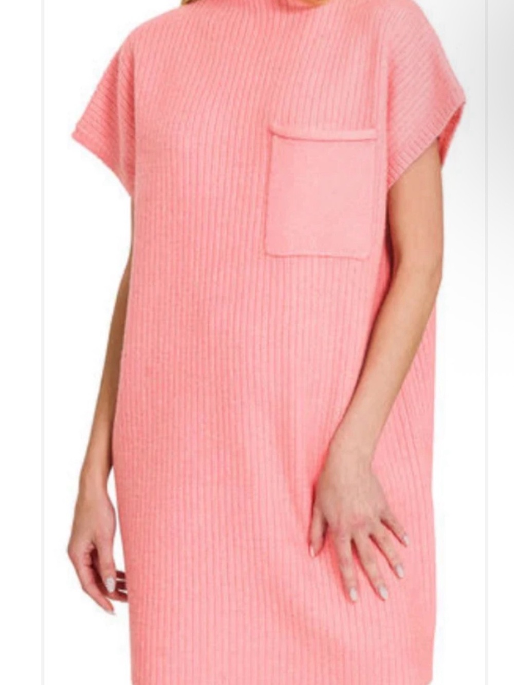 Zenana Pink Ribbed Mock Neck Pocket Mini Dress